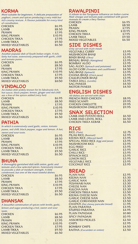 Menu of Seven Spice Merlins Bridge