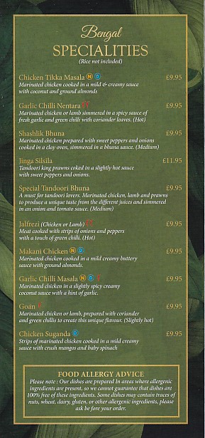 Bay Bengal Indian takeaway menu Tenby